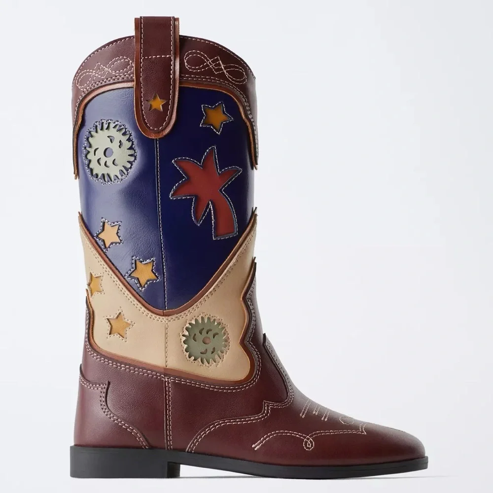 Zara Brown Navy Multi-Star Kids Western Boots